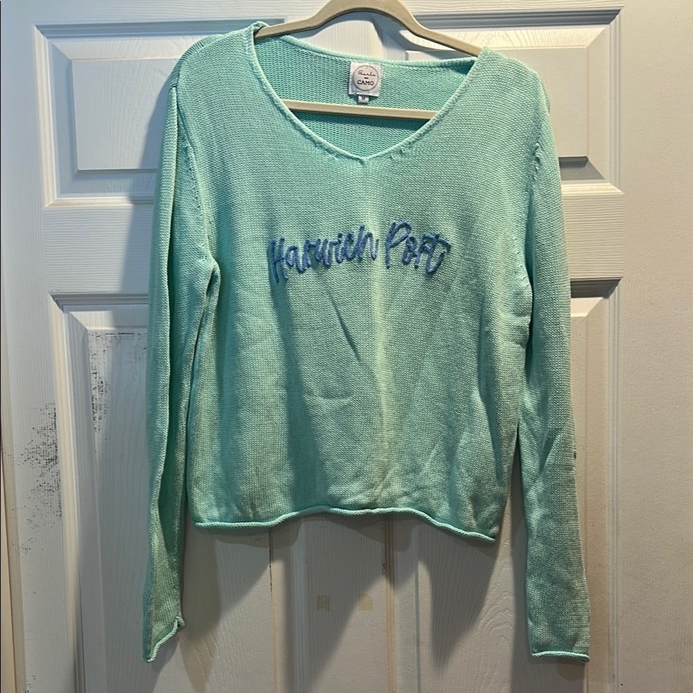 Pearls and Camo Harwich Port Aqua Lightweight Rolled Hem Sweater M summer preppy